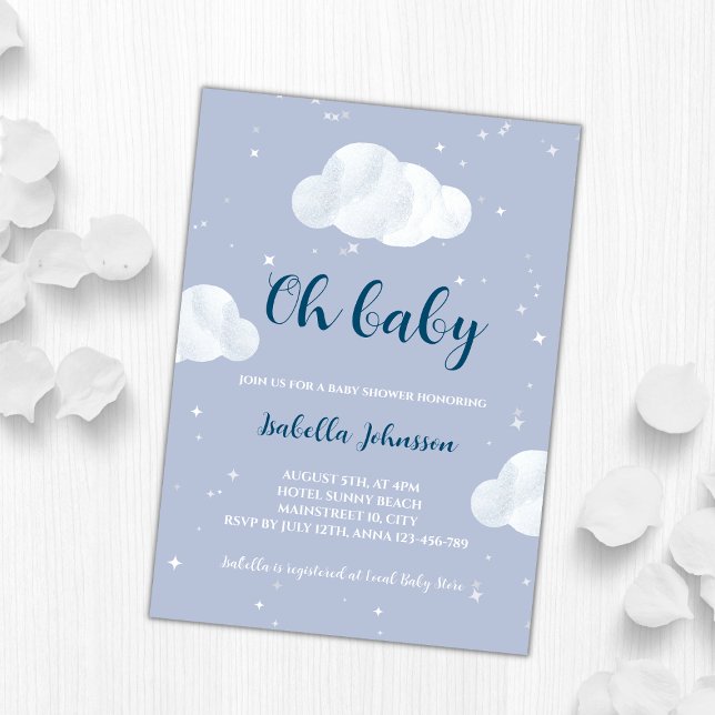 Convites Oh Menino Azul Nuvens Azuis Chá de fraldas das Est (oh baby boy blue clouds baby shower invitation)