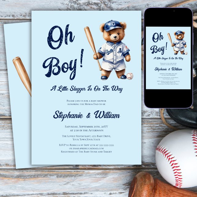 Convites Oh Menino Beisebol  Chuveiro de Bebê Urso Fofo (Criador carregado)