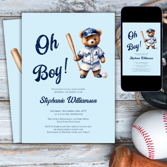 Convites Oh Menino Beisebol  Chuveiro de Bebê Urso Fofo (Criador carregado)