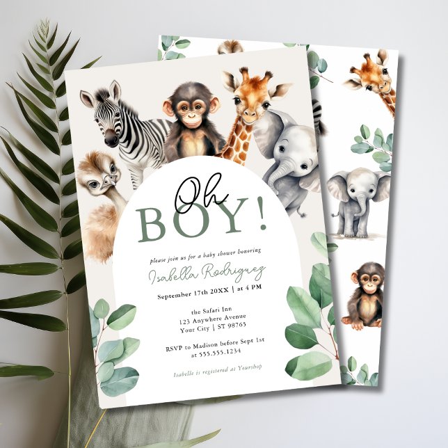 Convites Oh Menino, Cute Safari Animal Greenerescente Chá d (Oh Boy, Jungle Safari Baby Shower Invitation)