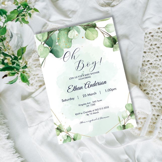 Convites Oh Menino Eucalyptus deixa Chá de fraldas (Oh Baby Eucalyptus Leaves Baby Shower Invite)