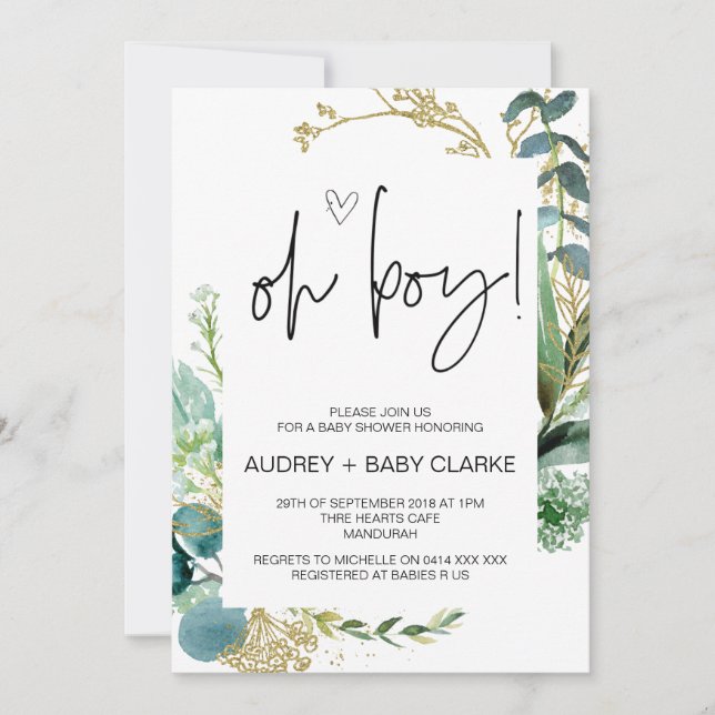 Convites Oh Menino Festa de Chá de fraldas Verde Eucalyptus (Frente)