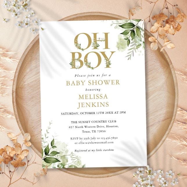 Convites Oh Menino Verde Botânico Chá de fraldas Dourado (Oh Boy Botanical Greenery Gold Baby Shower Invitation)