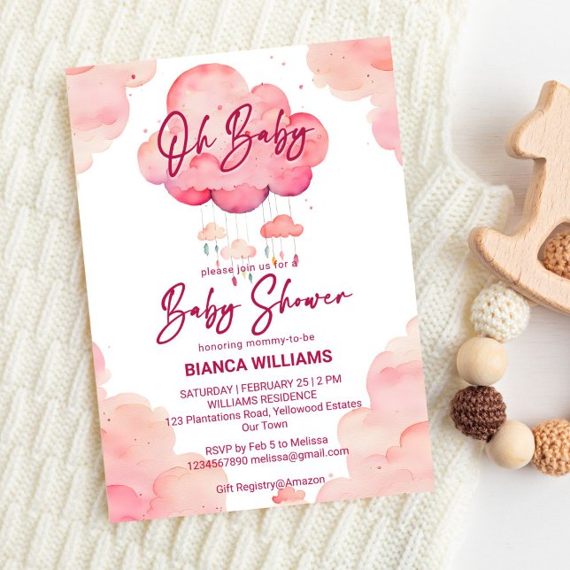 Convites Oh, modelo de chá de fraldas de nuvem branca-rosa- (Oh baby pink whimsical cute cloud girls baby shower invite template digital download modern casual)