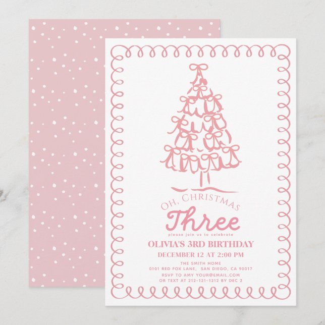 Convites Oh Natal Três Árvore com Laço Rosa Aniversário de  (Frente/Verso)