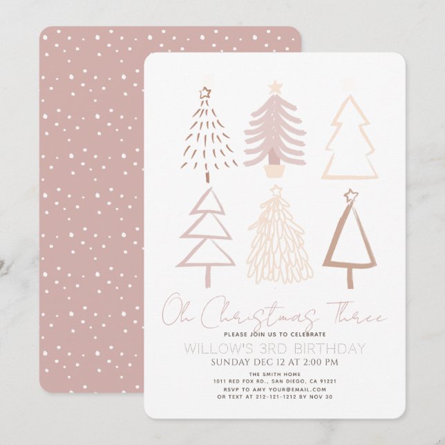 Convites Oh Natal Três Boho Árvores Rosa Aniversário de 3 a (Frente/Verso)