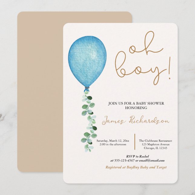 Convites Oh niño beige modernos globos azules bebé (Frente/Verso)