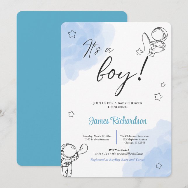 Convites Oh niño eucaliptos modernos globos azules bebé (Frente/Verso)