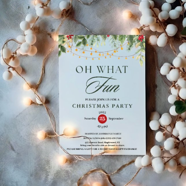 Convites Oh Que Diversão Luzes de Natal com Folhagens Festa (Oh What Fun Greenery String Light Christmas Party Invitation holiday holly berries botanical branch )