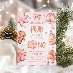 Convites Oh que diversão rosa Natal 1º aniversário