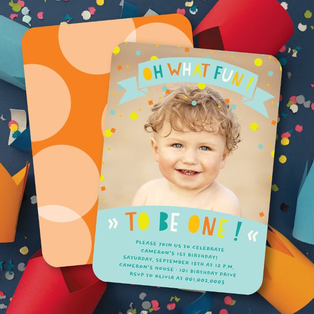 Convites Oh, que divertida Confetti Primeira Festa de anive (Oh What Fun To Be One Colorful Confetti Photo Boy 1st Birthday Party Invitation @ fatfatin)