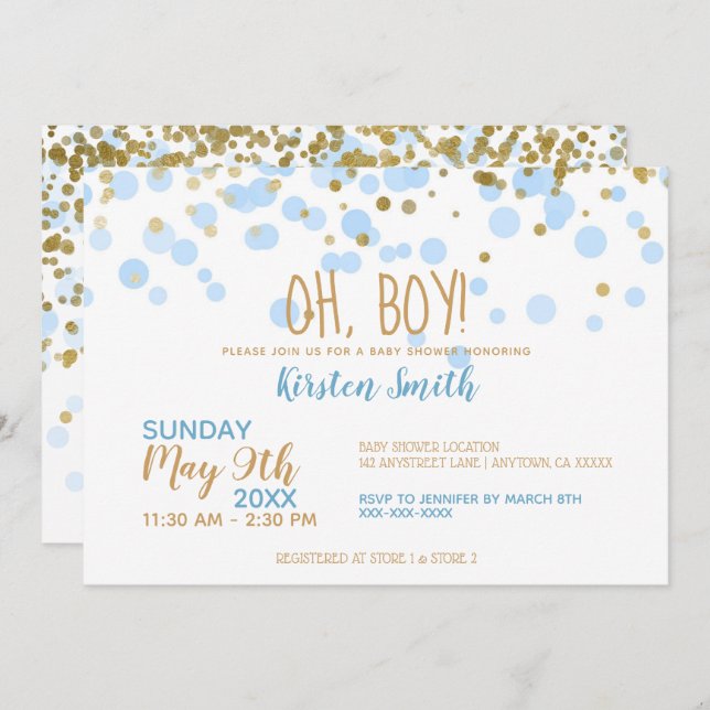 Convites Oh, Rapaz! Chá de fraldas de Confetti Azul e Doura (Frente/Verso)