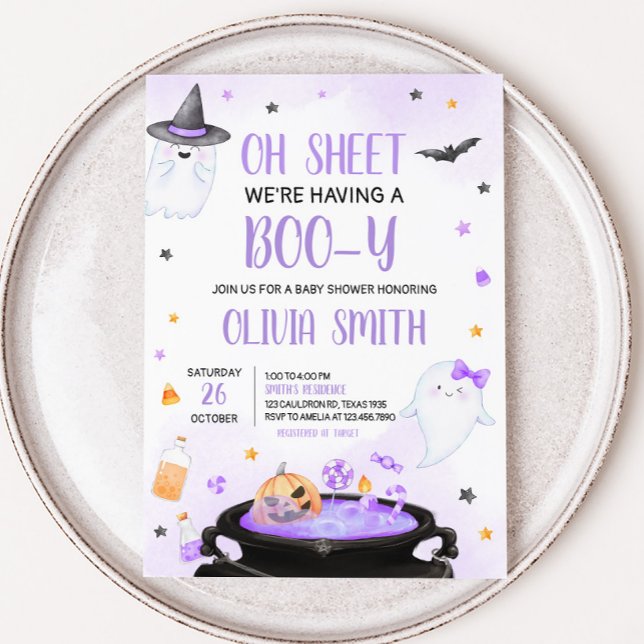 Convites Oh Sheet Boo-y Halloween Chá de fraldas (Purple Oh Sheet Boo-y Ghoul Baby Shower Invitation
)