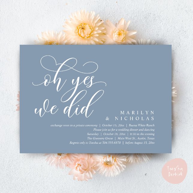 Convites Oh Sim, Nós Fizemos, Jantar e Festa de Casamento M (Oh Yes, We Did, Wedding Elopement Dinner Romantic Modern Party Invitation Card PDF Dusty Blue)
