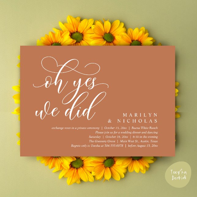 Convites Oh Sim, Nós Fizemos, Jantar e Festa de Casamento M (Oh Yes, We Did, Wedding Elopement Dinner Romantic Modern Party Invitation Card PDF Copper Brown)