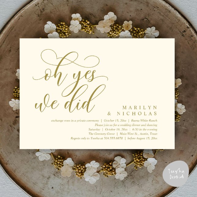 Convites Oh Sim, Nós Fizemos, Jantar e Festa de Casamento M (Oh Yes, We Did, Wedding Elopement Dinner Romantic Modern Party Invitation Card PDF Yellow Gold)