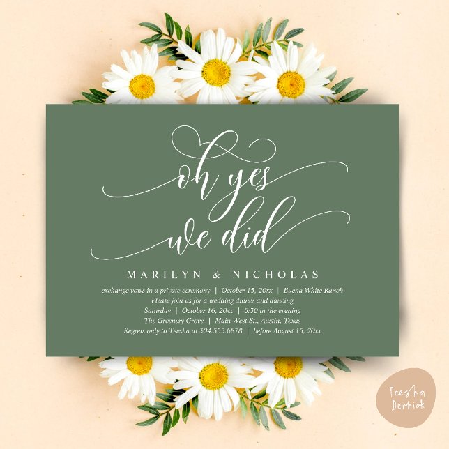 Convites Oh Sim, Nós Fizemos, Jantar e Festa de Casamento M (Oh Yes, We Did, Wedding Elopement Dinner Romantic Modern Party Invitation Card PDF Sage Green)