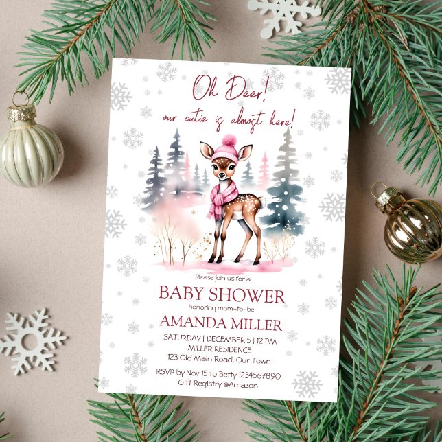 Convites Oh veado chá de fraldas de menina de inverno (Oh deer winter baby shower editable template invitation instant digital download cute deer in a hat)