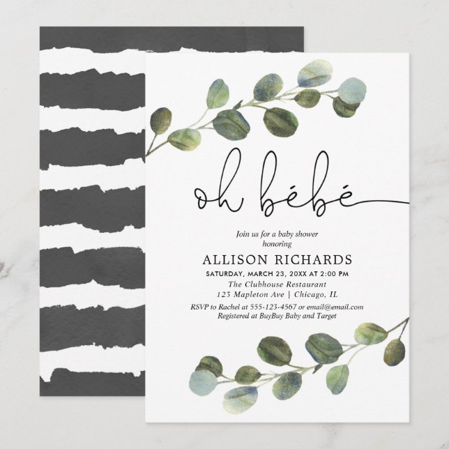 Convites Oh, vejam chá de fraldas francês preto verde branc (Frente/Verso)