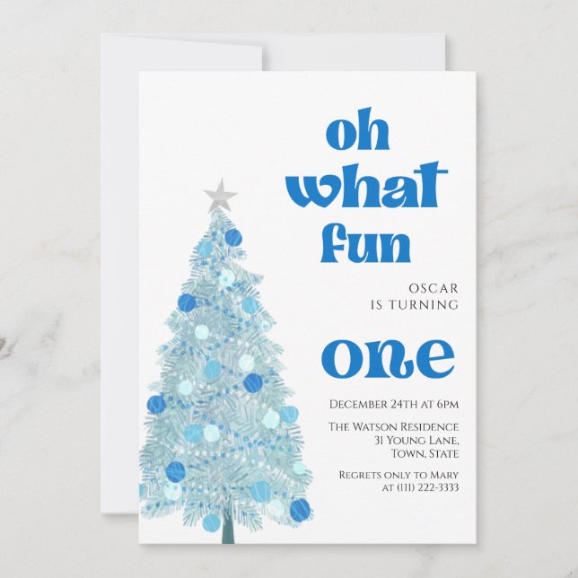 Convites Oh what fun Blue tree christmas Boy birthday  (Frente)