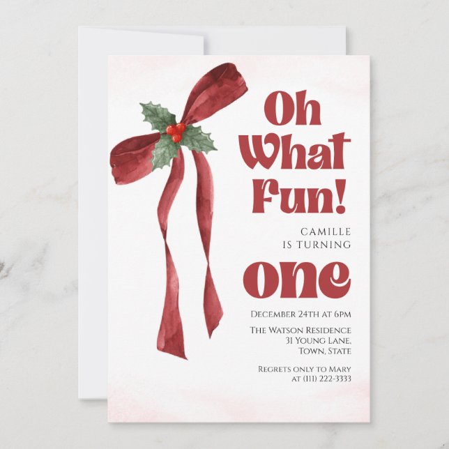 Convites Oh what fun Bow christmas girl birthday  (Frente)