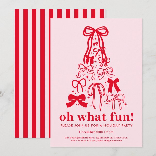 Convites Oh What Fun Modern Pink Red Holiday Party (Frente/Verso)