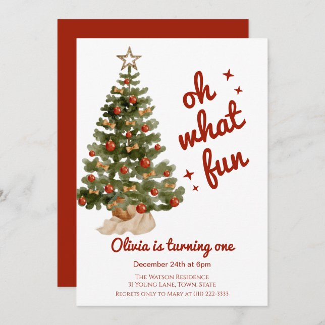 Convites Oh what fun tree christmas birthday  (Frente/Verso)