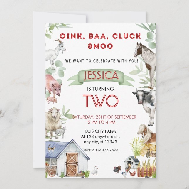 Convites Oink Baa Moo Cute Farm Animais Aniversário (Frente)