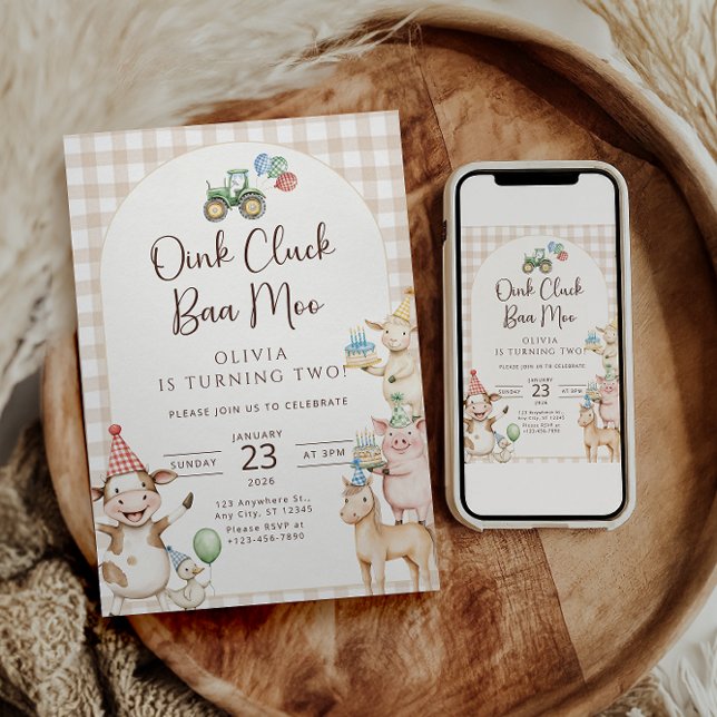Convites Oink Baa Moo Turning Two Birthday Invitation (Criador carregado)