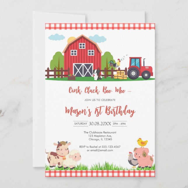 Convites Oink Baa Quack Moo Farm Animals Birthday (Frente)