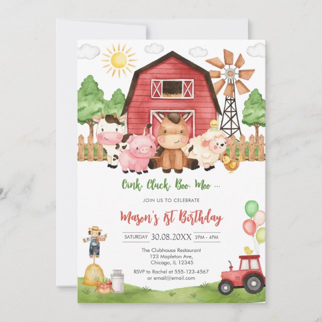Convites Oink Baa Quack Moo Farm Animals Birthday (Frente)