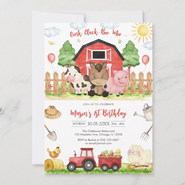 Convites Oink Baa Quack Moo Farm Animals Birthday (Frente)