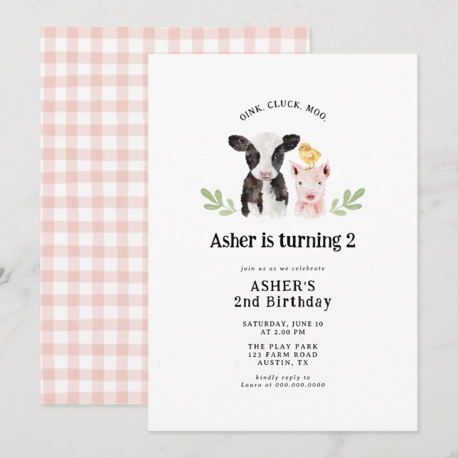 Convites Oink Cluck Moo Pink Gingham Farm Animais Aniversár (Frente/Verso)