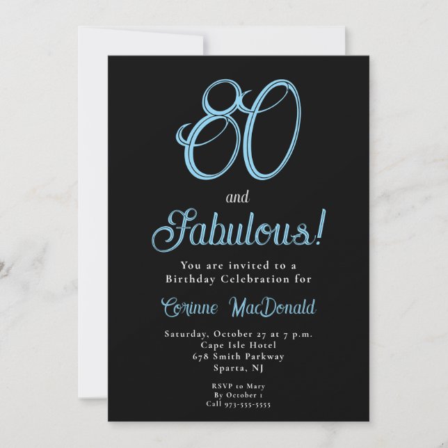 Convites Oitenta Azul Ártico e Fabuloso Aniversário de 80 a (Frente)