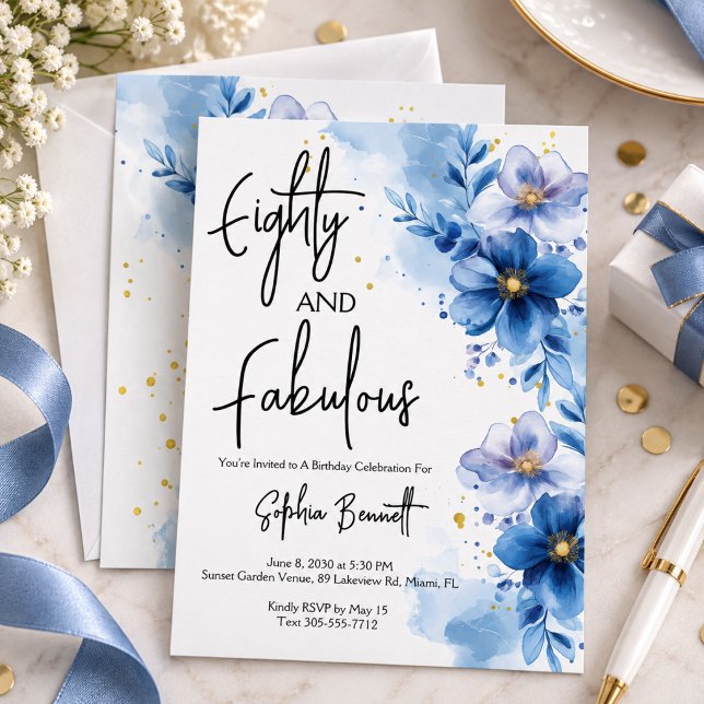 Convites Oitenta e Fabulosas Flores 80º Aniversário  (elegant watercolor flowers rose Eighty and Fabulous Floral 80th Birthday Party gold glitter invite)