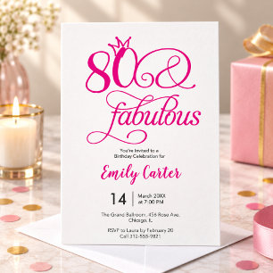 Convites Oitenta e Fabuloso Script Rosa 80º Aniversário