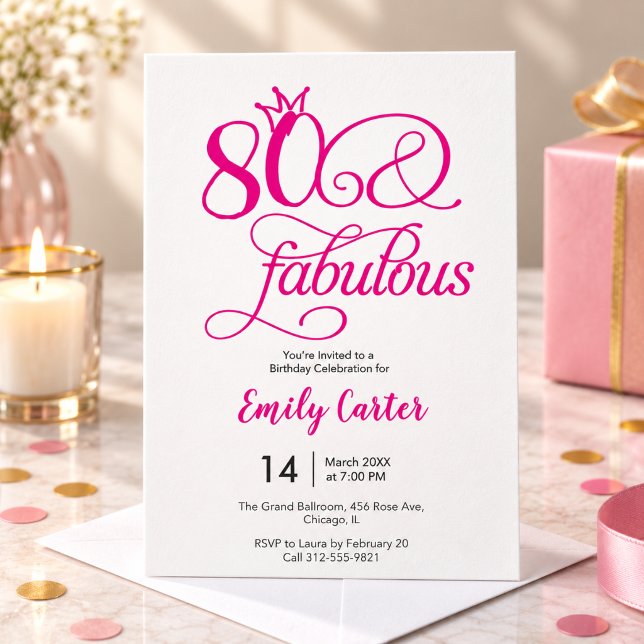 Convites Oitenta e Fabuloso Script Rosa 80º Aniversário (eighties party birthday invitations 80th for her eighty 80 eightieth 80 years old eighty & fabulous)