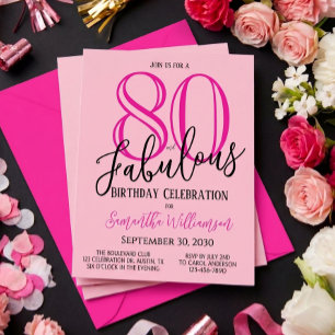 Convites Oitenta e Fabulosos Rosa Corado Preto 80º Aniversá