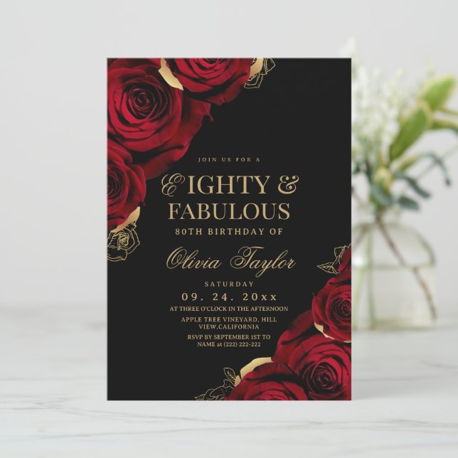 Convites Oitenta & Fabulosas Rosas Vermelhas de Aniversário (Em pé/Frente)