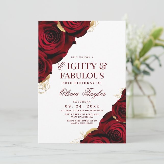 Convites Oitenta & Fabuloso Aniversário de Rosas Vermelhas  (Em pé/Frente)