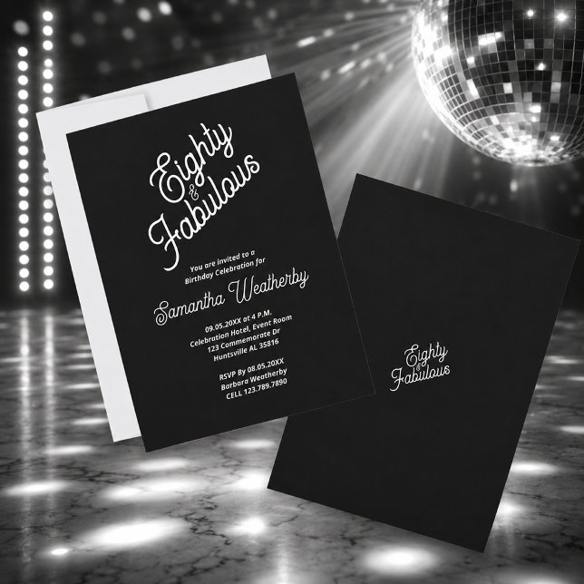 Convites Oitenta & Fabuloso Preto Branco Aniversário (Eighty & Fabulous Black White Birthday Invitation)