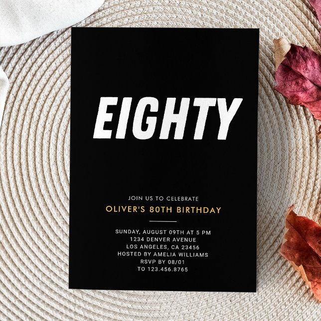 Convites Oitenta | Festa de aniversário Dourada e preto sim (Eighty | Simple Black & Gold 80th Birthday Party Invitation
)