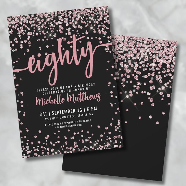 Convites Oitenta Rosa Dourada com 80 brilhante Aniversário (Eighty Black Rose Gold Pink Glitter 80th Birthday Invitation)