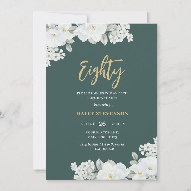 Convites Oitenta Verde Esmeralda & Dourado Branco Floral An (Frente)