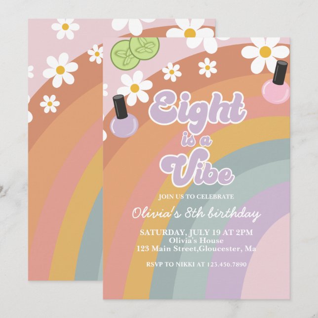 Convites Oito é uma vibe Spa Arco-íris 8º Aniversário (Frente/Verso)