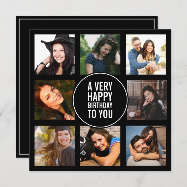 Convites Oito fotos de Aniversário - Colagem Preta e Branca (Frente/Verso)