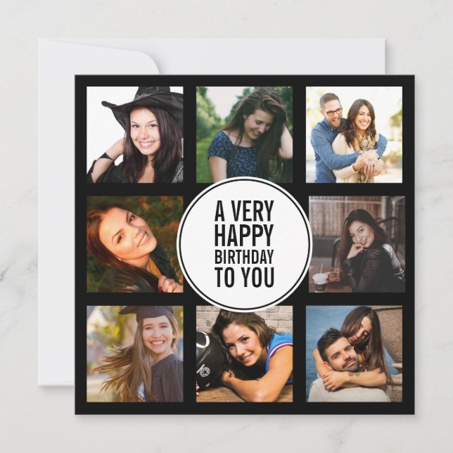 Convites Oito fotos de Aniversário Colagem Preta e Branca  (Frente)