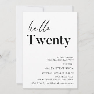 Convites Olá, 20 modernos, minimalistas, 20, aniversário