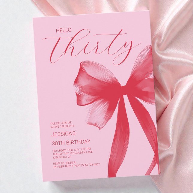 Convites Olá 30 festas de Arco rosa-rosa Elegante (Hello Thirty Elegant Pink Bow 30th Birthday Party Invitation)