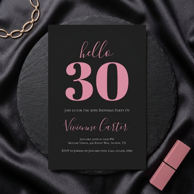 Convites Olá 30 Script Rosa Preto Festa de Aniversário de 3 (Hello 30 Script Pink Black 30th Birthday Party Invitation)